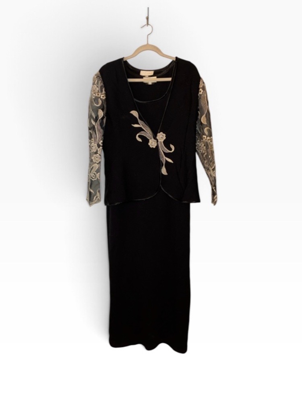 Vintage EL-Ana Black Beige Floral Lace 75% Virgin Wool/Rayon Dress/Jacket Sz L